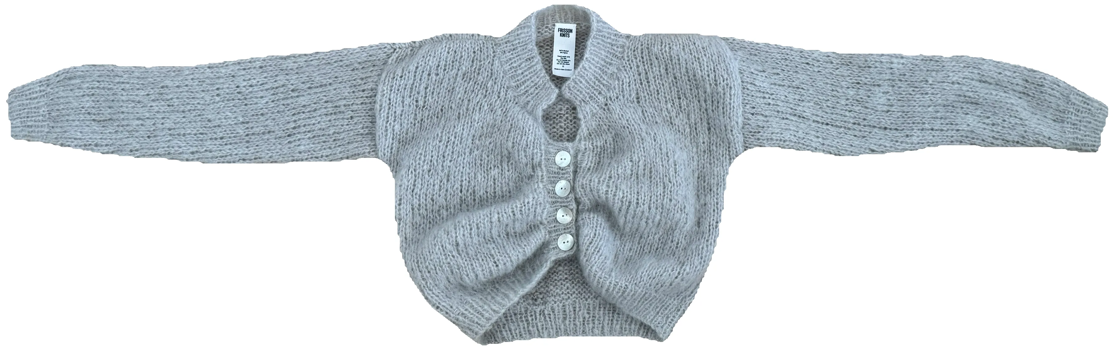 MINNIE MOHAIR CARDIGAN SILVER sold by Frisson Knits
