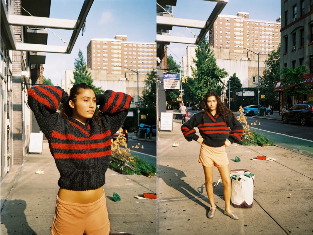 SARAH SWEATER CHARCOAL AND RED STRIPE (READY TO SHIP) sold by Frisson Knits