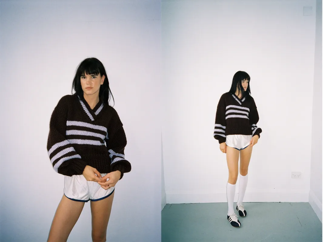 SARAH SWEATER BROWN & BLUE STRIPE sold by Frisson Knits