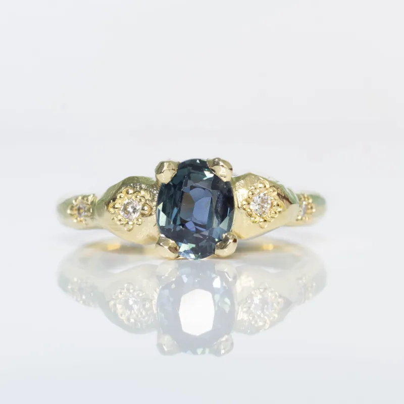 Thalia Ring - 9ct Yellow Gold with Teal  Sapphire and Diamonds sold by Sophie Divett Jewelry