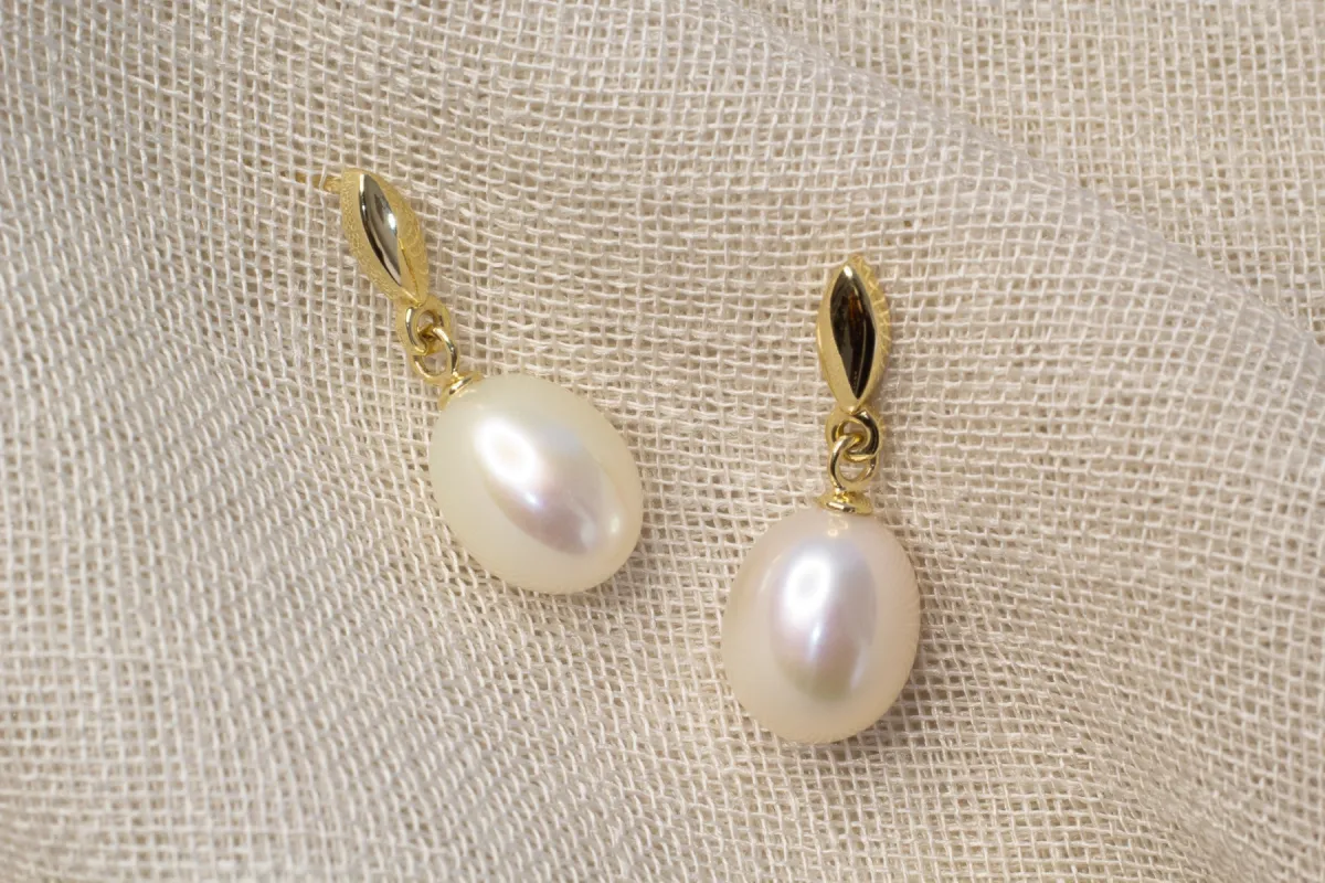 Oval Pearl Drop Stud Earrings - White - 9ct Yellow Gold sold by Sophie Divett Jewelry