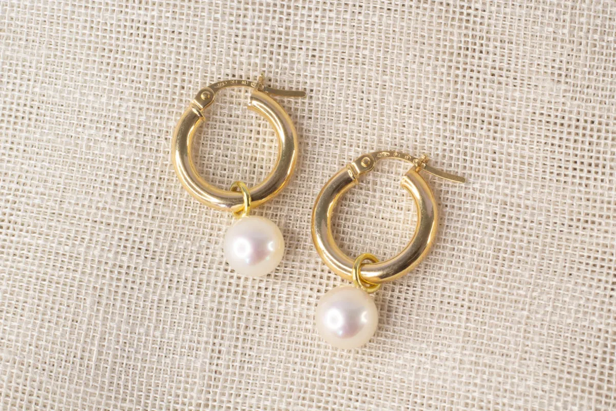 Round Pearl Drop Hoop Earrings - White - 9ct Yellow Gold sold by Sophie Divett Jewelry