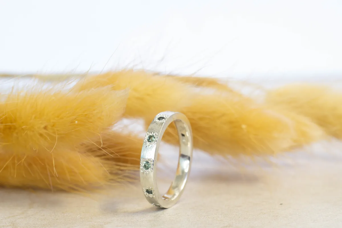 Eternity Band - 9ct White Gold with Green-Blue Sapphires sold by Sophie Divett Jewelry