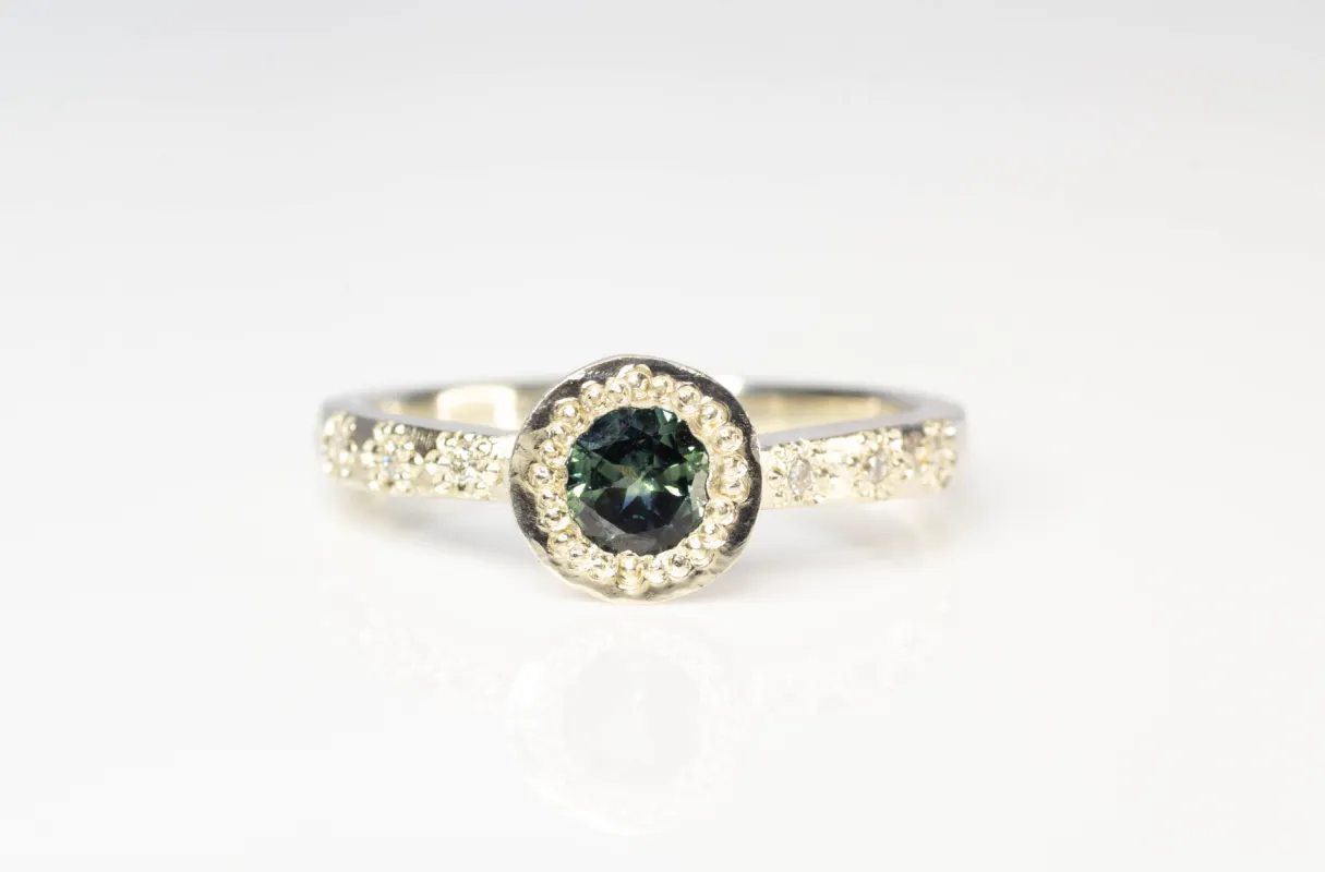 Vesper Ring - 9ct White Gold with Blue-Green Sapphire sold by Sophie Divett Jewelry