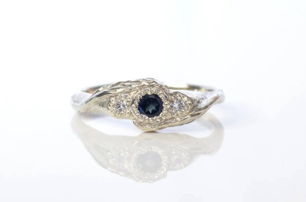 Frondis Ring - 9ct White Gold with Blue-Green Sapphire & Diamonds sold by Sophie Divett Jewelry