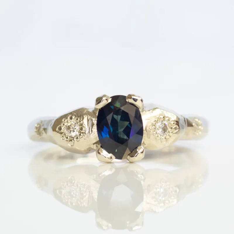 Thalia Ring - 14ct White Gold with Blue-Green Sapphire and Diamonds sold by Sophie Divett Jewelry