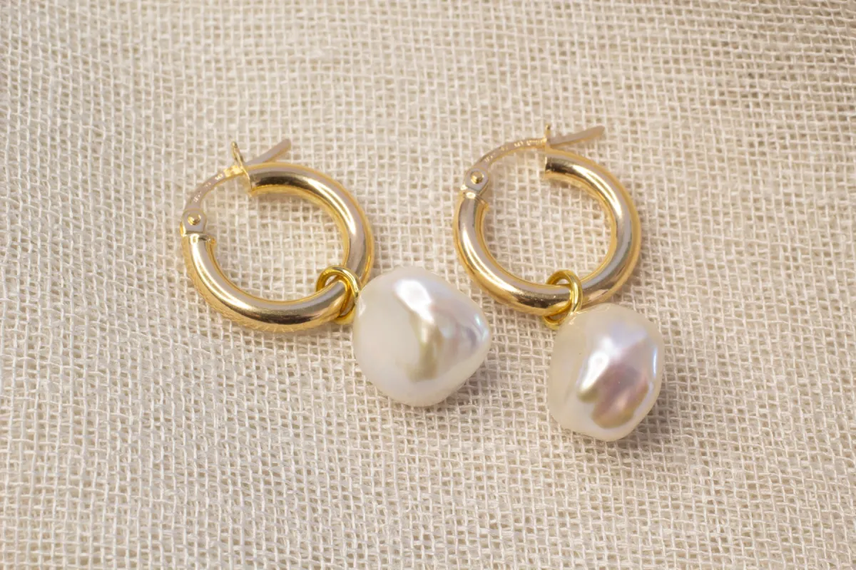 Keshi Pearl Drop Hoop Earrings - White - 9ct Yellow Gold sold by Sophie Divett Jewelry