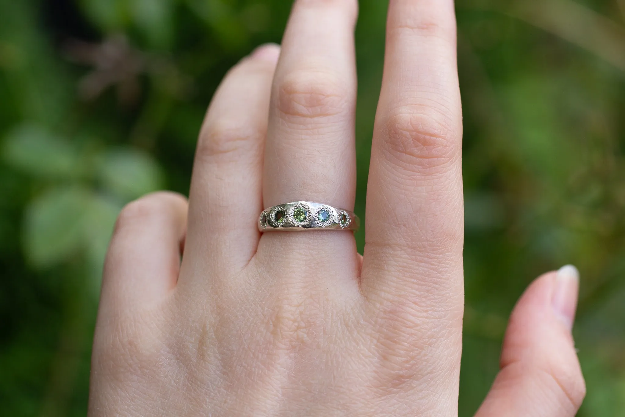 Bespoke Hestia Ring - 9ct White Gold with Green Sapphires sold by Sophie Divett Jewelry product image thumbnail 4