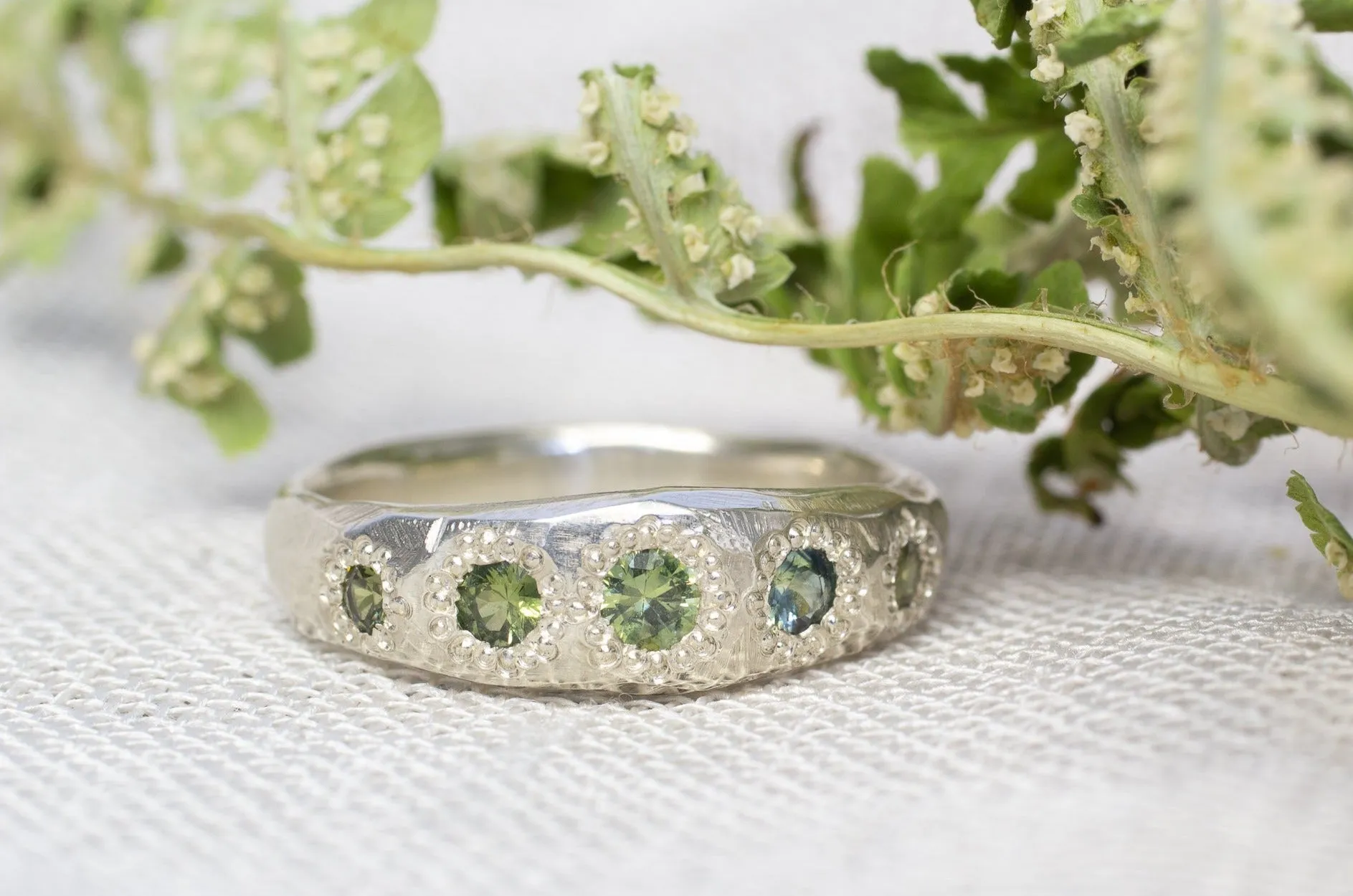 Bespoke Hestia Ring - 9ct White Gold with Green Sapphires sold by Sophie Divett Jewelry