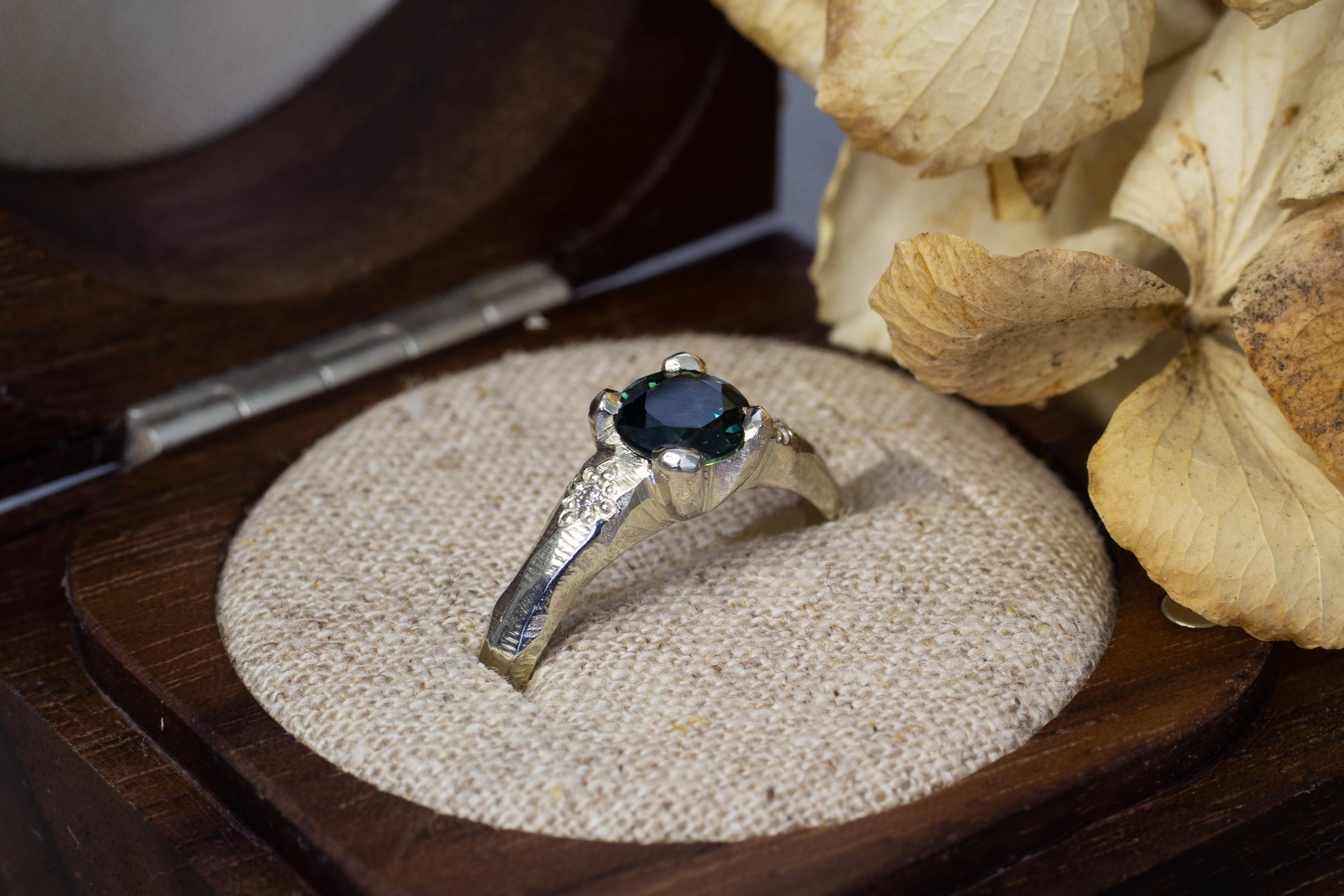 Mira Ring - 9ct White Gold with Blue-Green Sapphire and Diamonds sold by Sophie Divett Jewelry product image thumbnail 2