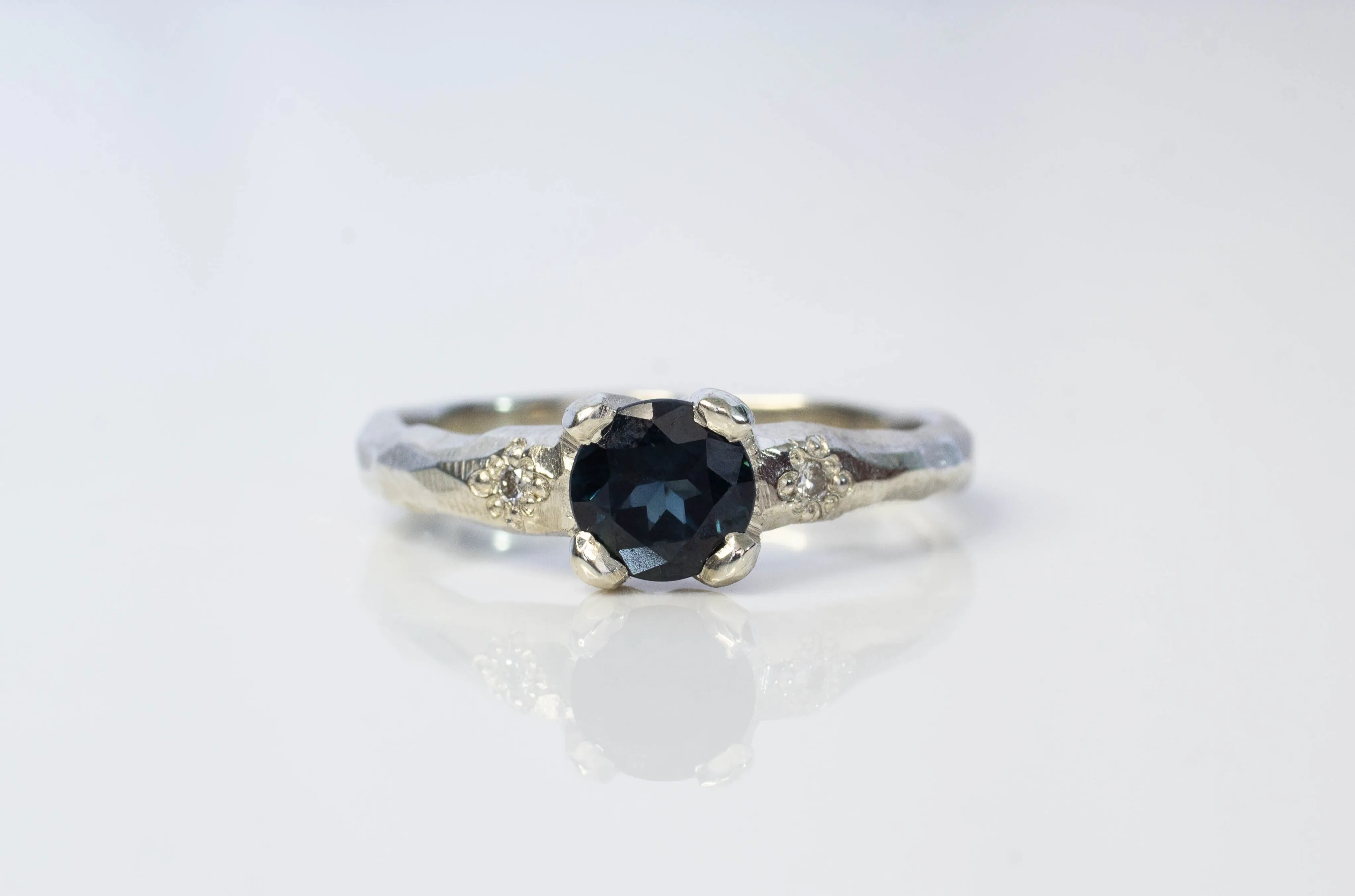 Mira Ring - 9ct White Gold with Blue-Green Sapphire and Diamonds sold by Sophie Divett Jewelry