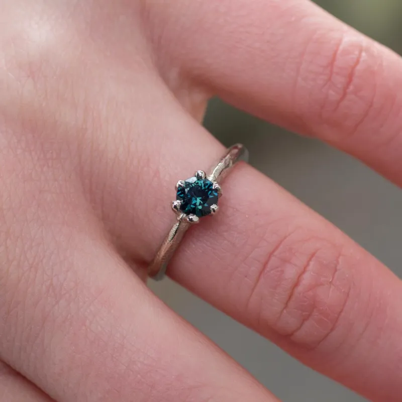 Pura ring - 14ct white gold, set with a 5mm teal Australian Sapphire sold by Sophie Divett Jewelry