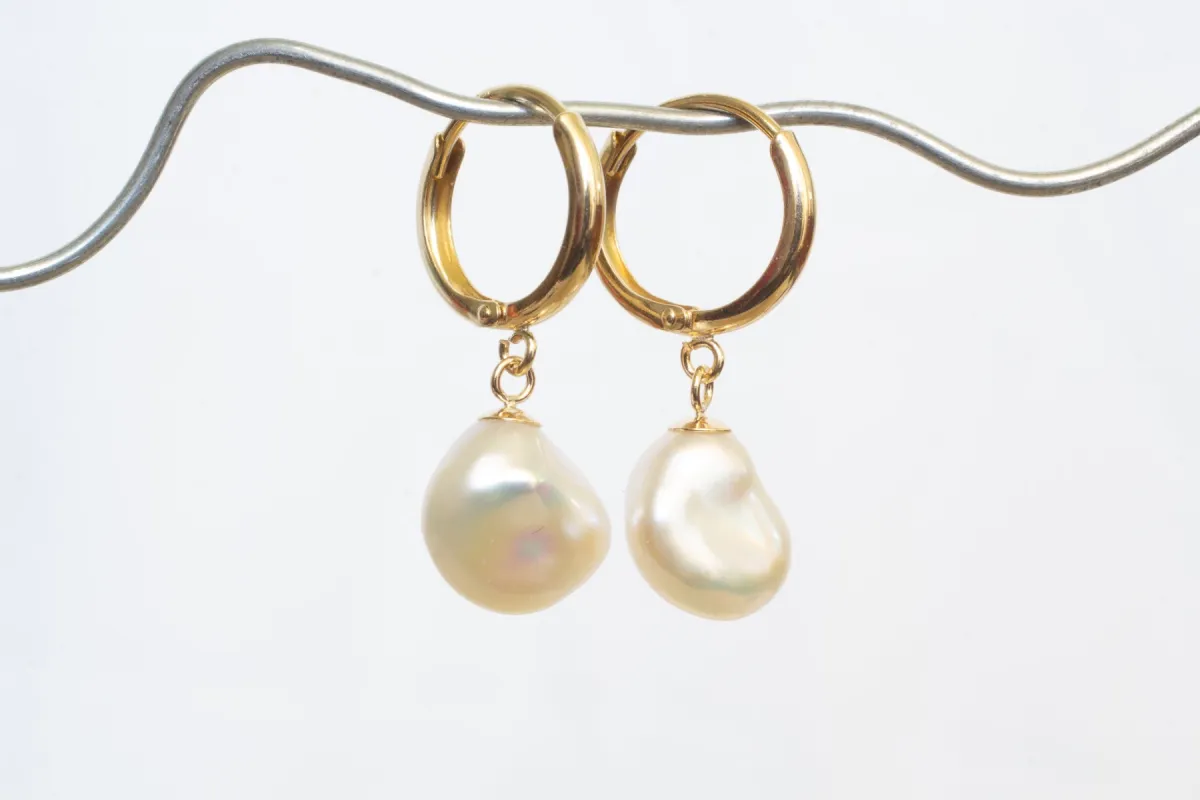 Keshi Pearl Huggie Hoop Drop Earrings - White - 9ct Yellow Gold sold by Sophie Divett Jewelry