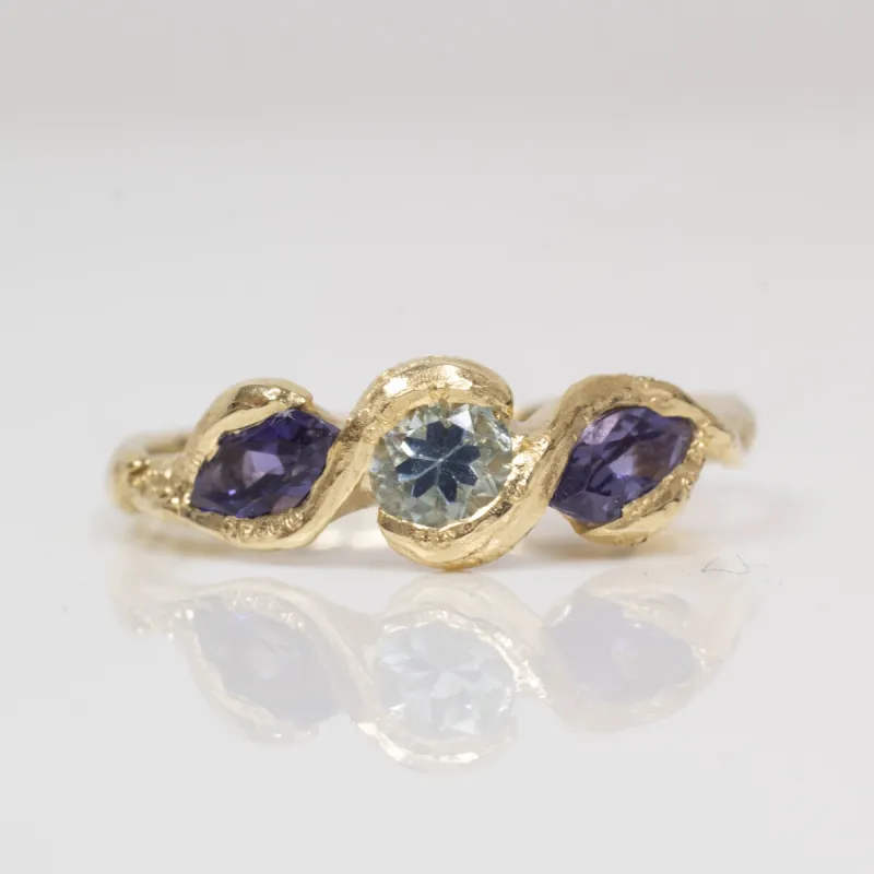 Laurel Ring - Yellow Gold with Aquamarine and Iolites sold by Sophie Divett Jewelry