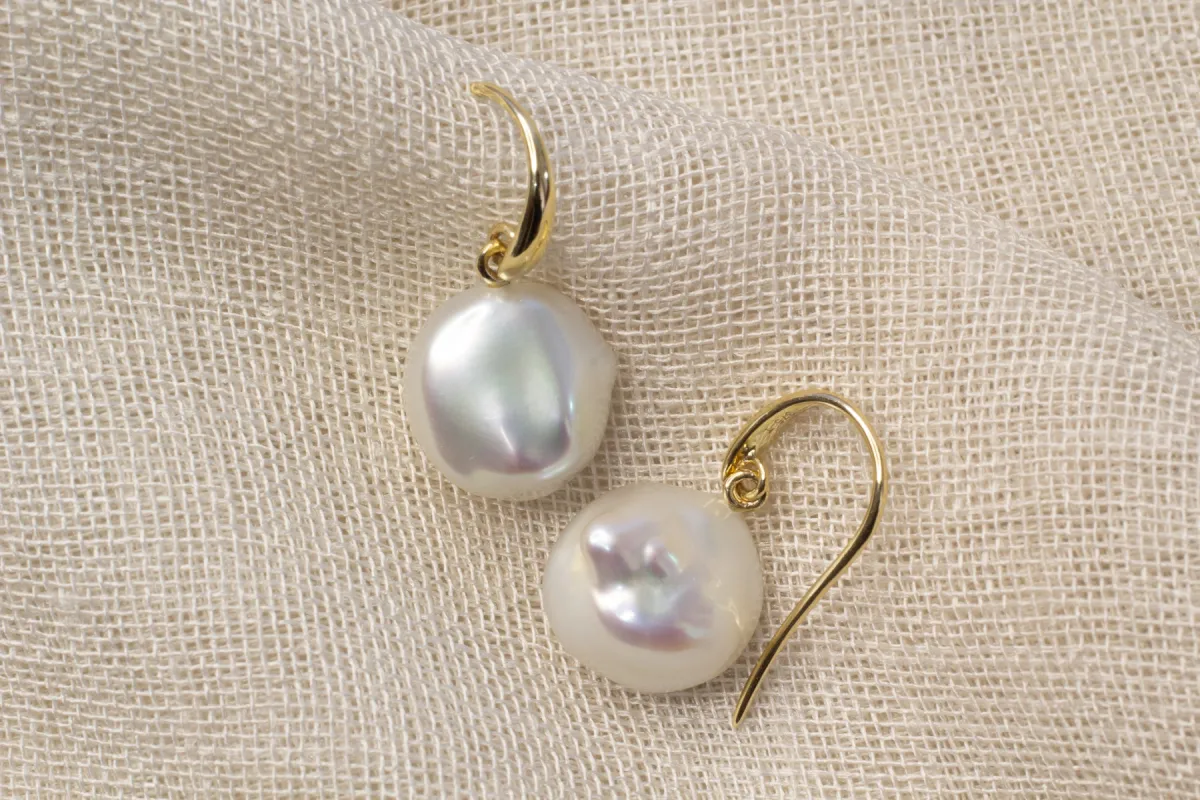 Keshi Pearl Drop Hook Earrings - White - 9ct Yellow Gold sold by Sophie Divett Jewelry
