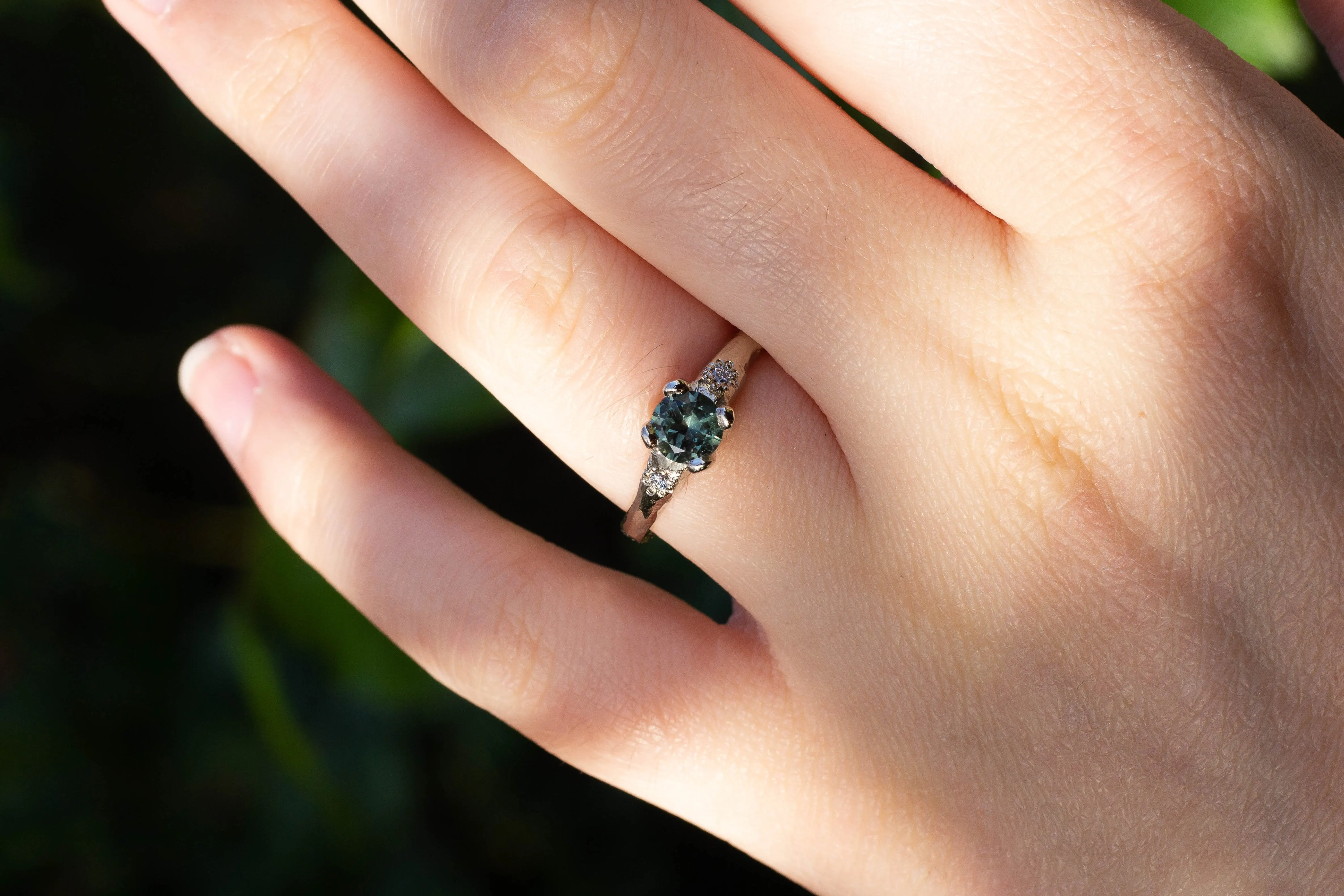 Mira Ring - 14ct White Gold with 5.5mm Green-Grey Sapphire sold by Sophie Divett Jewelry product image thumbnail 3