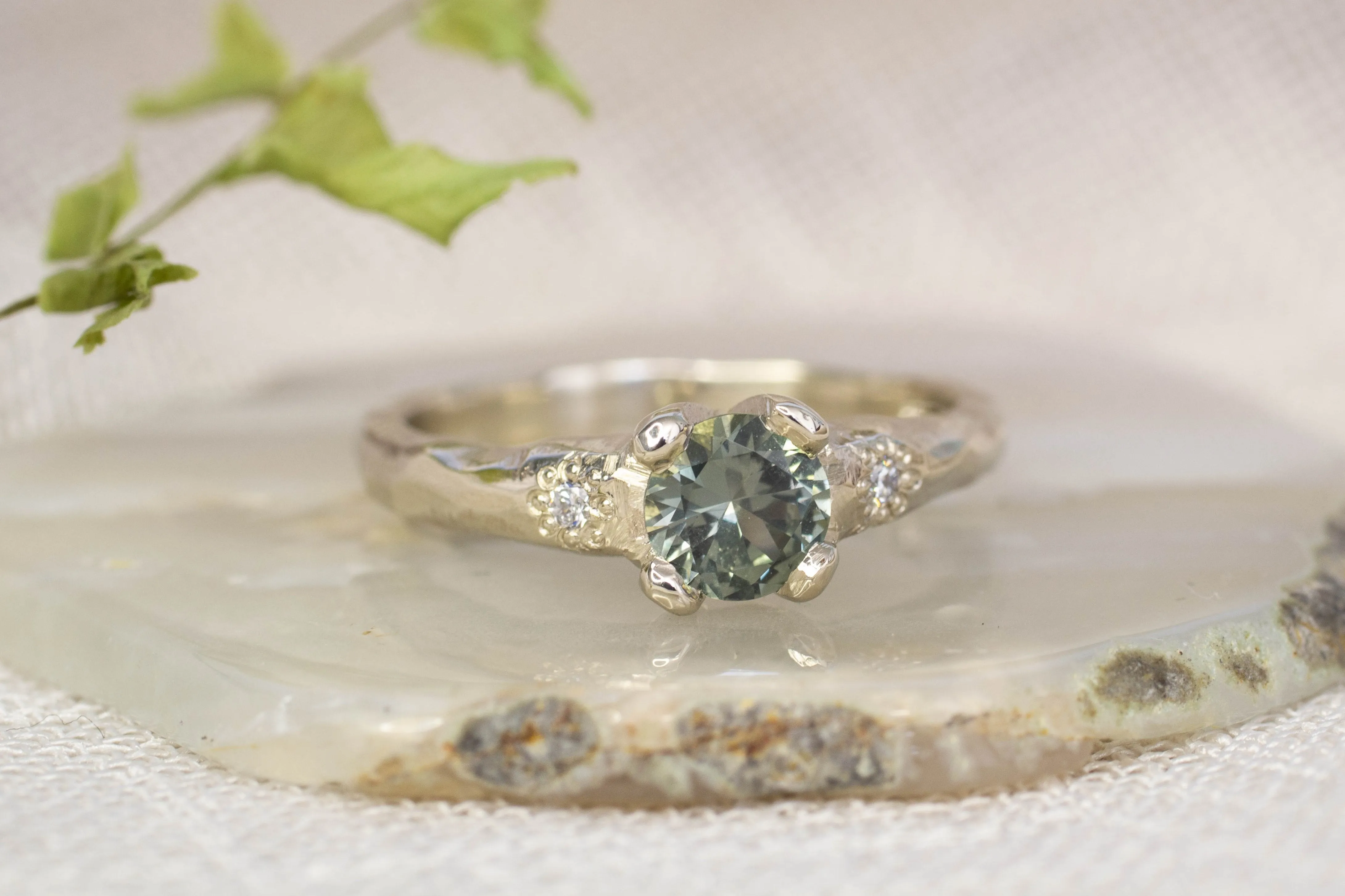 Mira Ring - 14ct White Gold with 5.5mm Green-Grey Sapphire sold by Sophie Divett Jewelry product image thumbnail 4