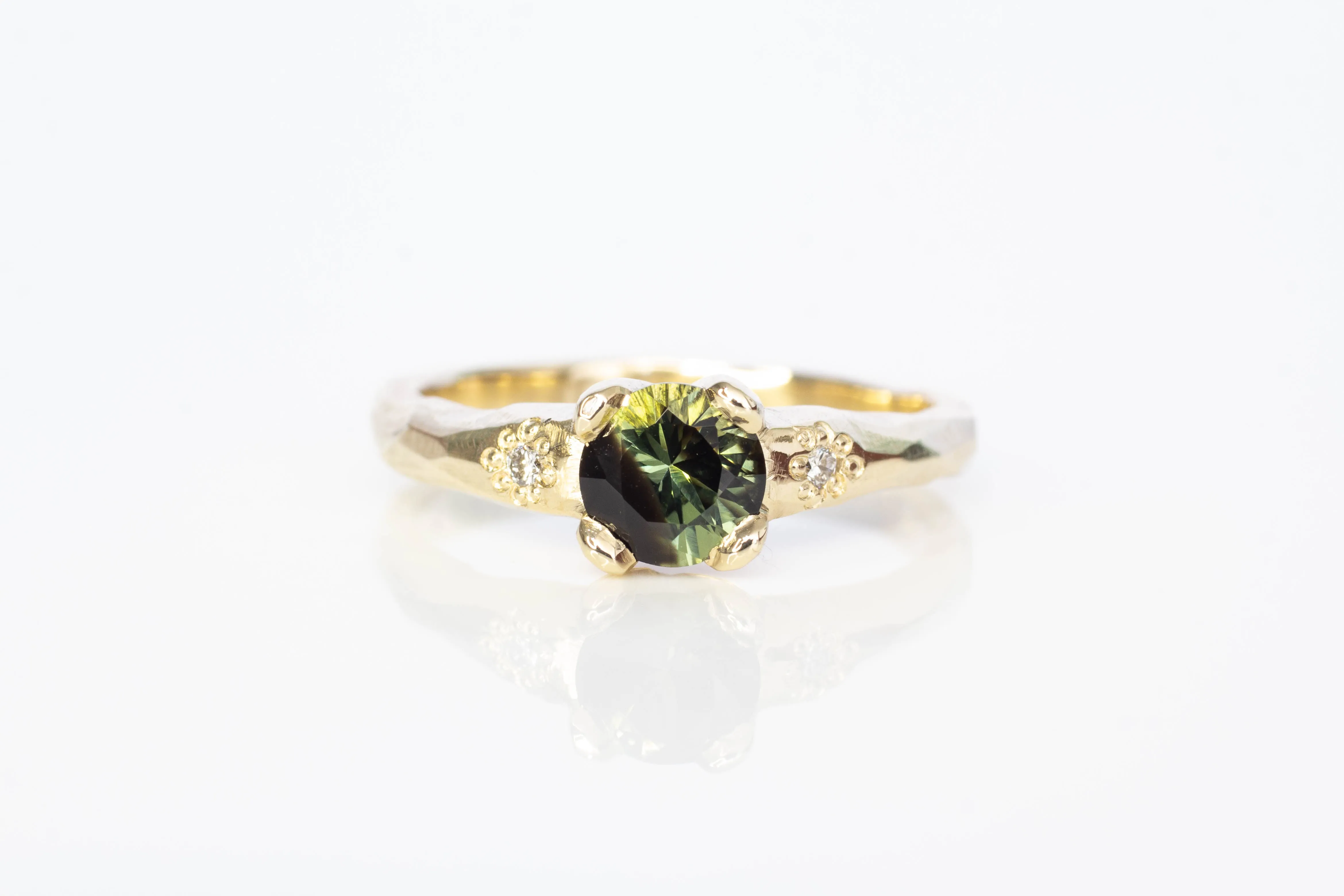 Mira Ring - 9ct Yellow Gold with 5.5mm Yellow-Green Sapphire sold by Sophie Divett Jewelry