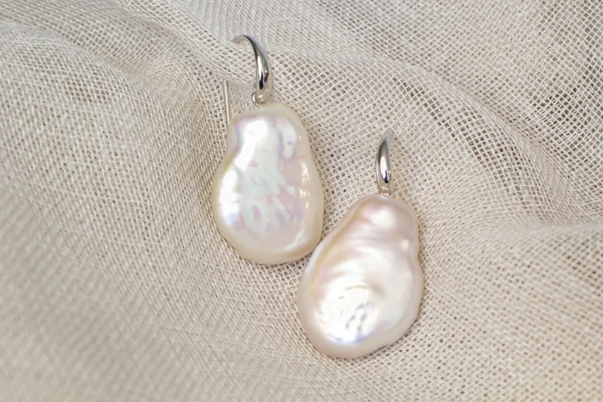 Flat-Baroque Pearl Drop Hook Earrings - White - Sterling Silver sold by Sophie Divett Jewelry