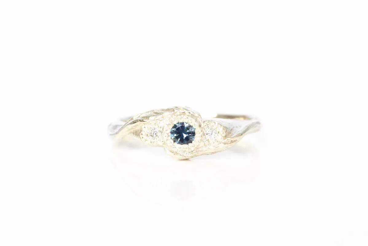 Frondis Ring - 9ct White Gold with Blue-Green Sapphire & Diamonds sold by Sophie Divett Jewelry