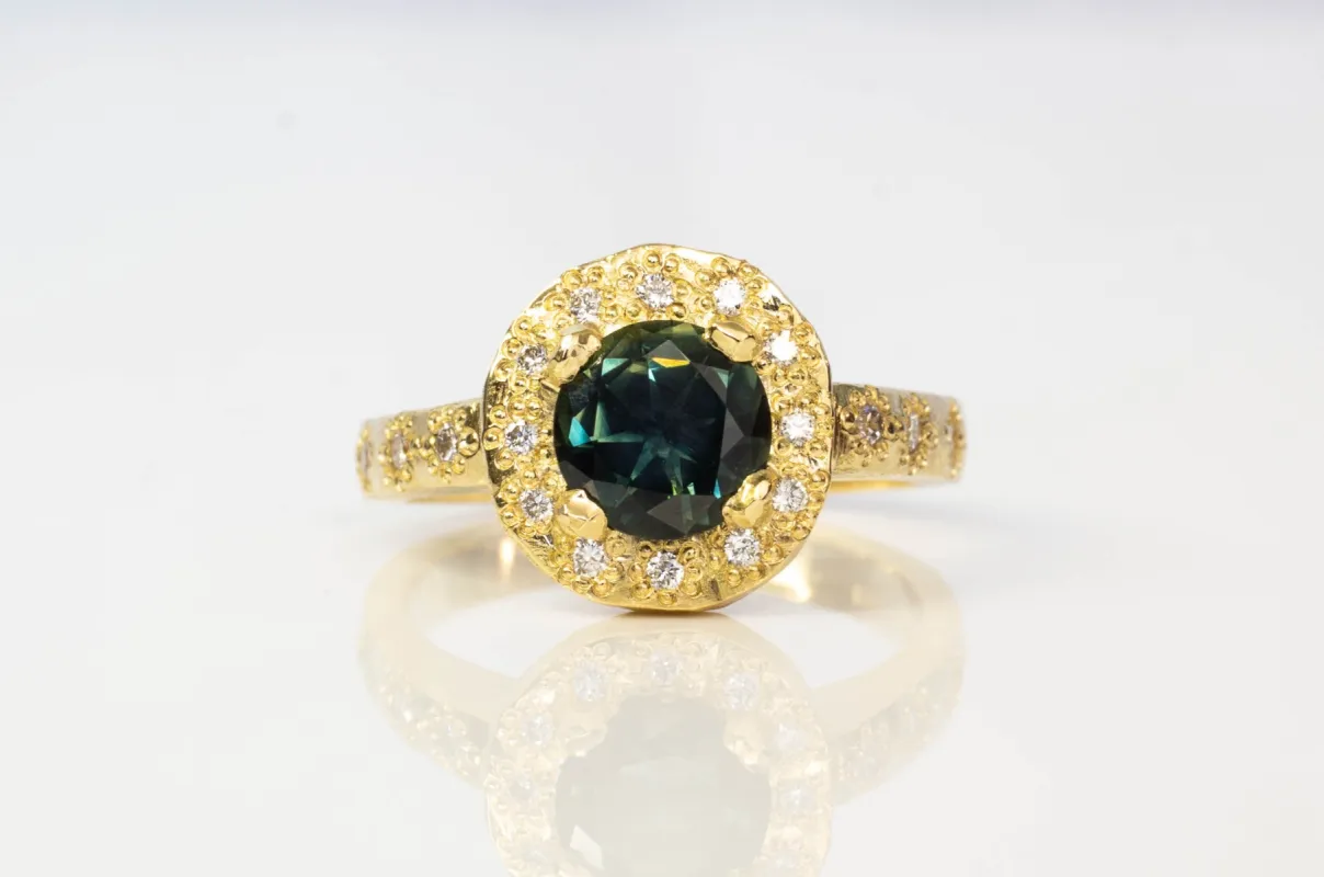 Halo Ring - 18ct Yellow Gold with Green Sapphire & Diamonds sold by Sophie Divett Jewelry