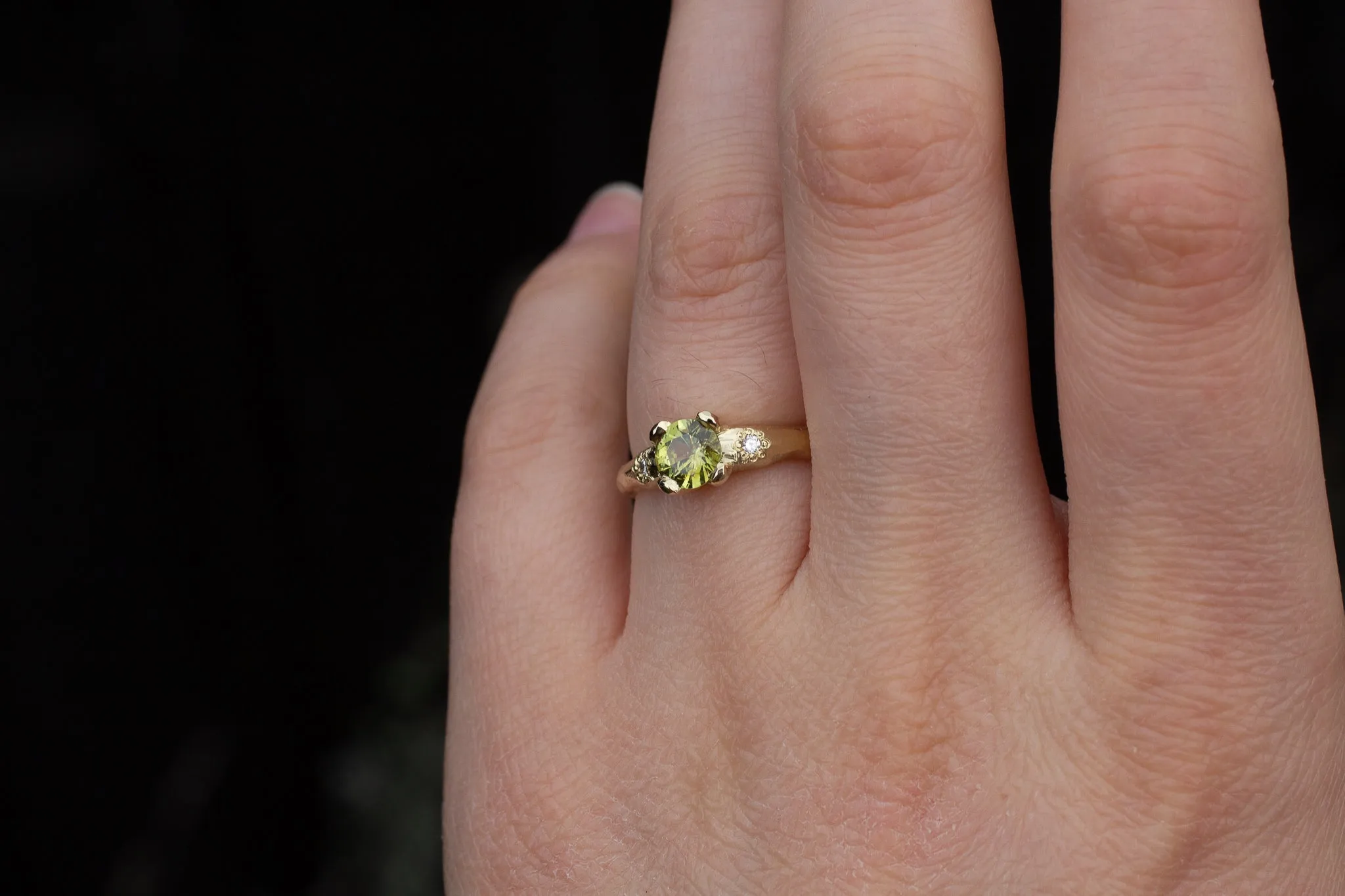 Mira Ring - 14ct Yellow Gold with 5.5mm Green-Yellow Sapphire and Diamonds sold by Sophie Divett Jewelry product image thumbnail 5