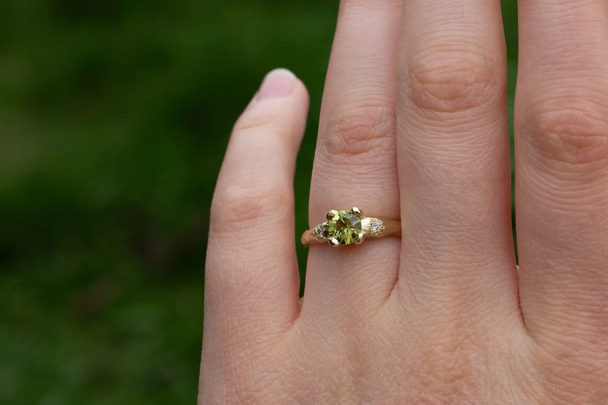 Mira Ring - 14ct Yellow Gold with 5.5mm Green-Yellow Sapphire and Diamonds sold by Sophie Divett Jewelry product image thumbnail 3