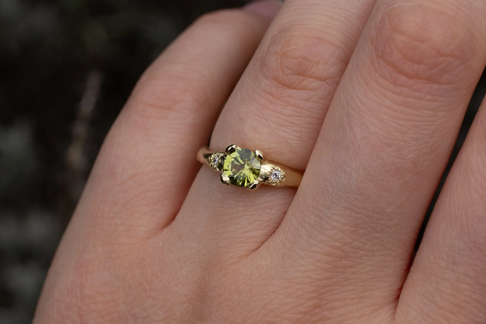 Mira Ring - 14ct Yellow Gold with 5.5mm Green-Yellow Sapphire and Diamonds sold by Sophie Divett Jewelry product image thumbnail 4