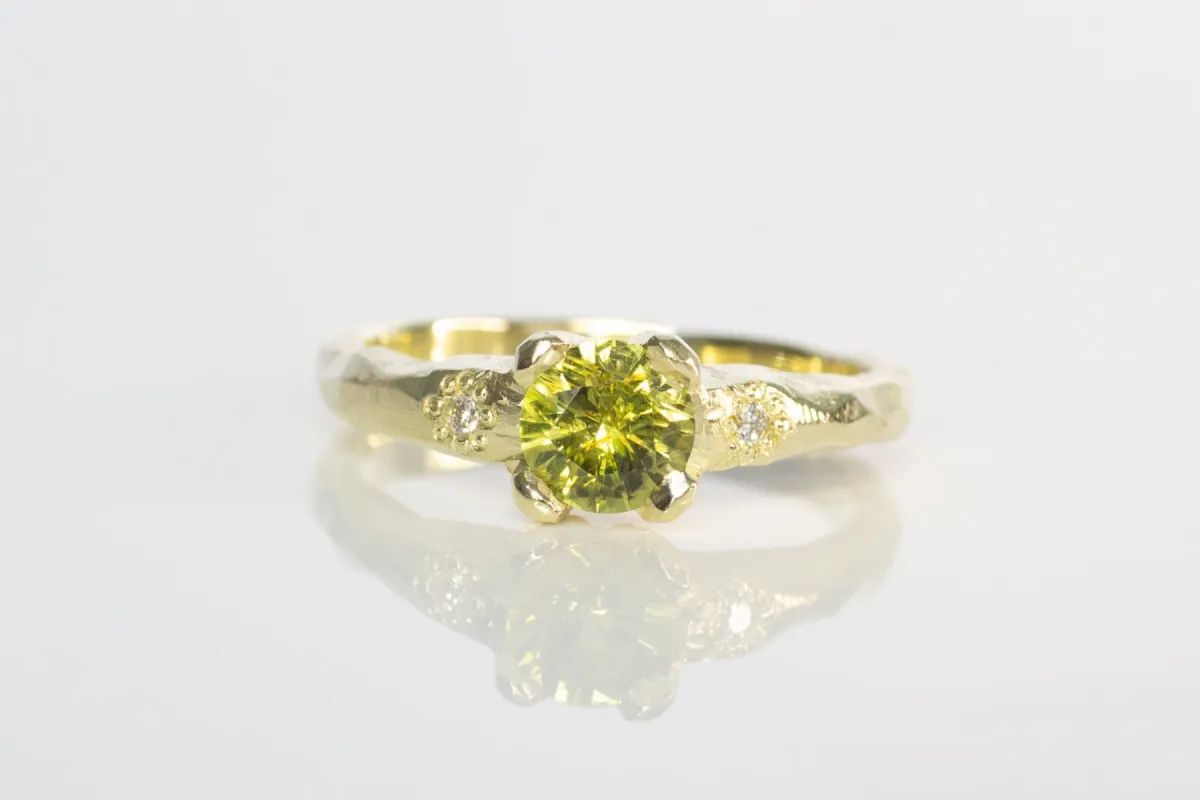 Mira Ring - 14ct Yellow Gold with 5.5mm Green-Yellow Sapphire and Diamonds sold by Sophie Divett Jewelry