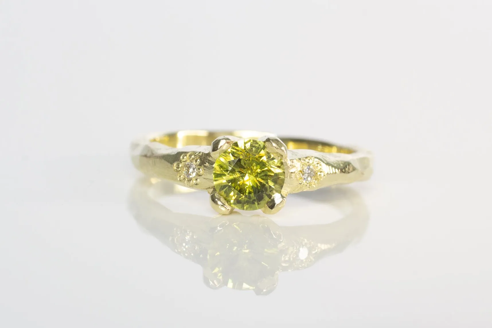 Mira Ring - 14ct Yellow Gold with 5.5mm Green-Yellow Sapphire and Diamonds sold by Sophie Divett Jewelry