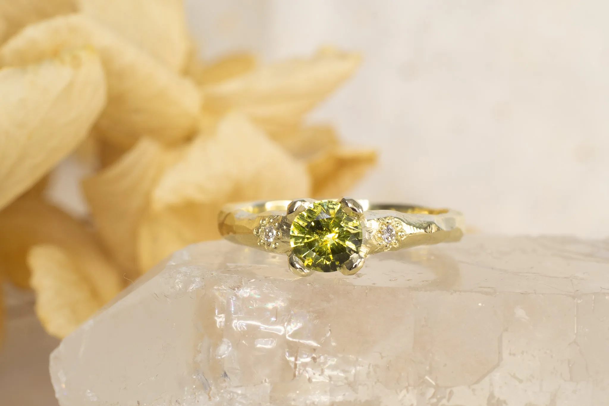 Mira Ring - 14ct Yellow Gold with 5.5mm Green-Yellow Sapphire and Diamonds sold by Sophie Divett Jewelry product image thumbnail 2