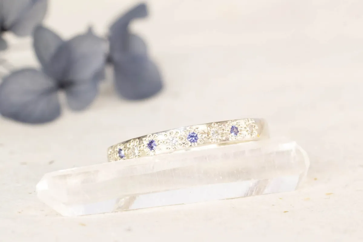 Narrow Eternity Band - 9ct White Gold with Diamonds and Ceylon Sapphires sold by Sophie Divett Jewelry