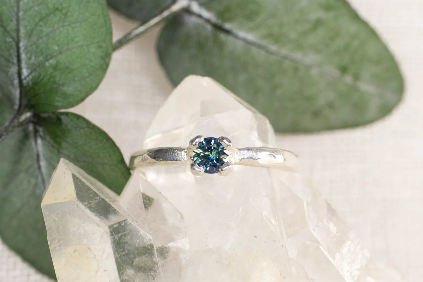 Droplet Ring - Sterling Silver with Blue-Green Sapphire sold by Sophie Divett Jewelry