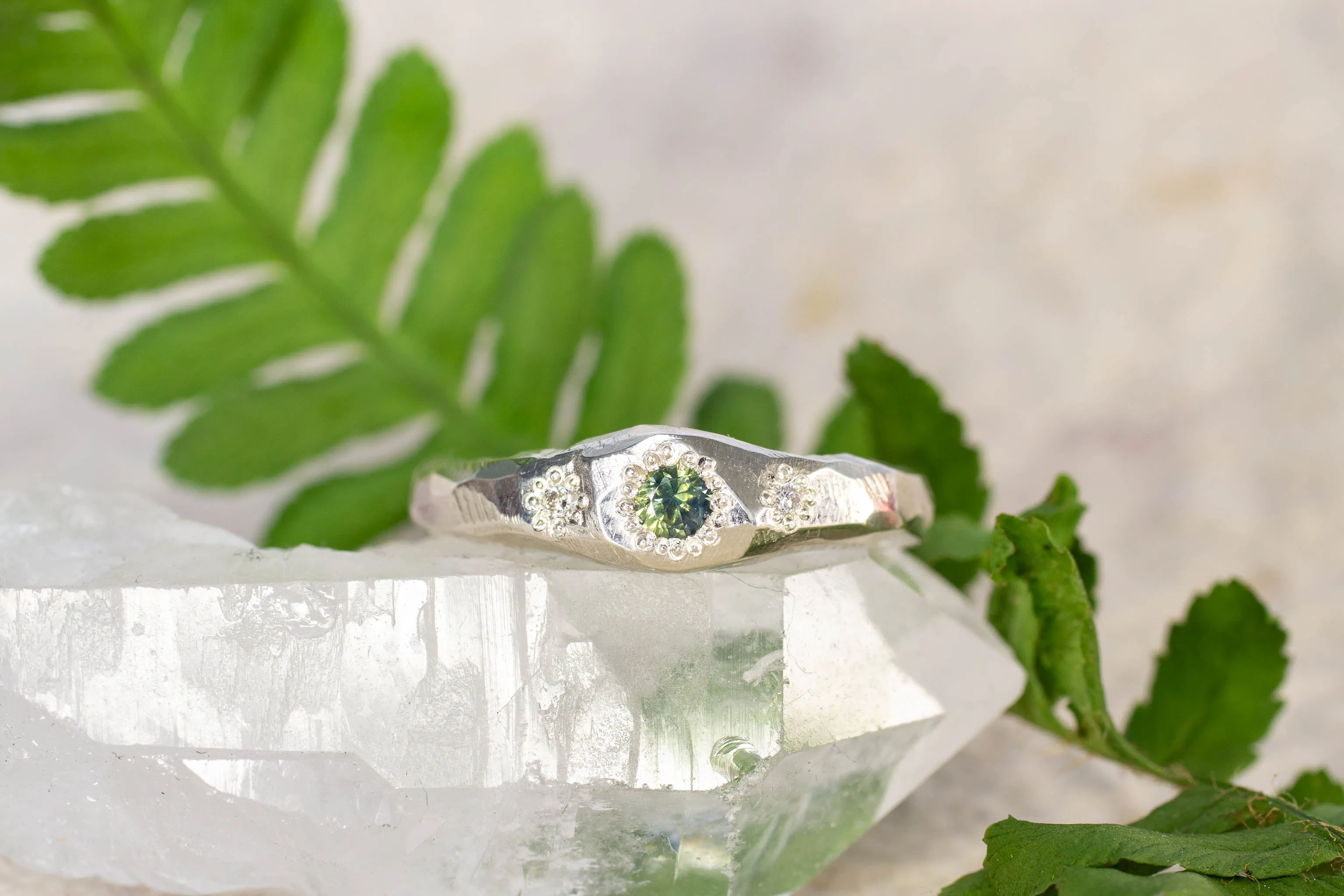 Hestia Ring - 9ct White Gold with Green Sapphire and Lab Diamonds sold by Sophie Divett Jewelry