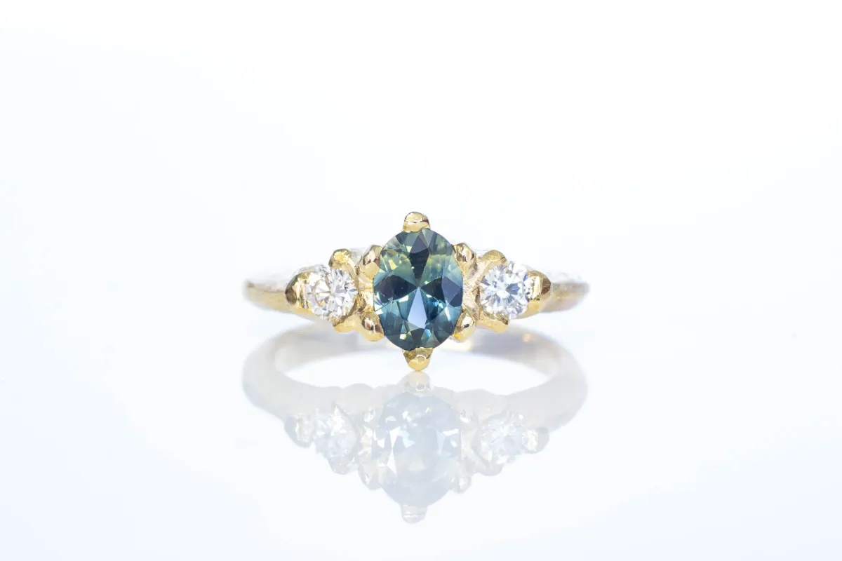 Helios Ring - 18ct Yellow Gold with Blue-Green Sapphire and Diamonds sold by Sophie Divett Jewelry