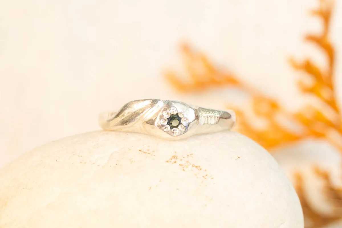 Daphne Ring - Sterling Silver with Blue-Green Sapphire sold by Sophie Divett Jewelry