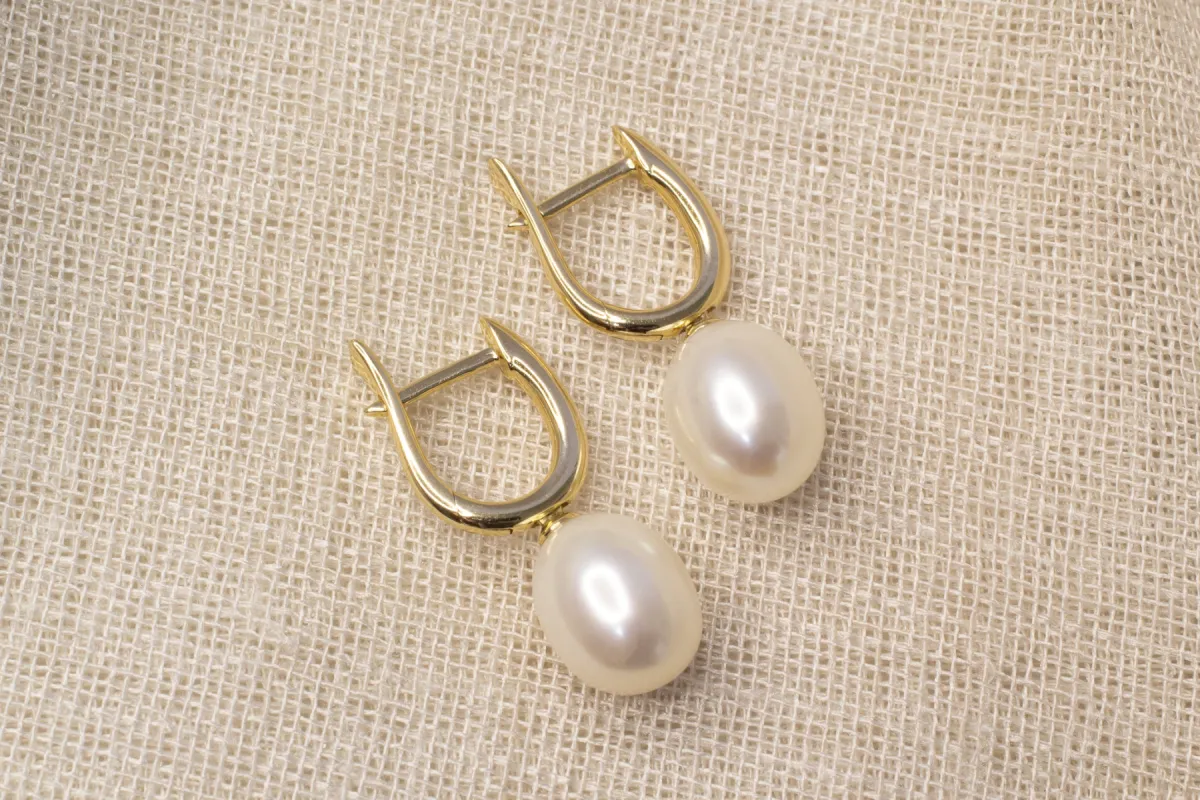 Oval Pearl Drop U-Shaped Huggie Earrings - White - 9ct Yellow Gold sold by Sophie Divett Jewelry