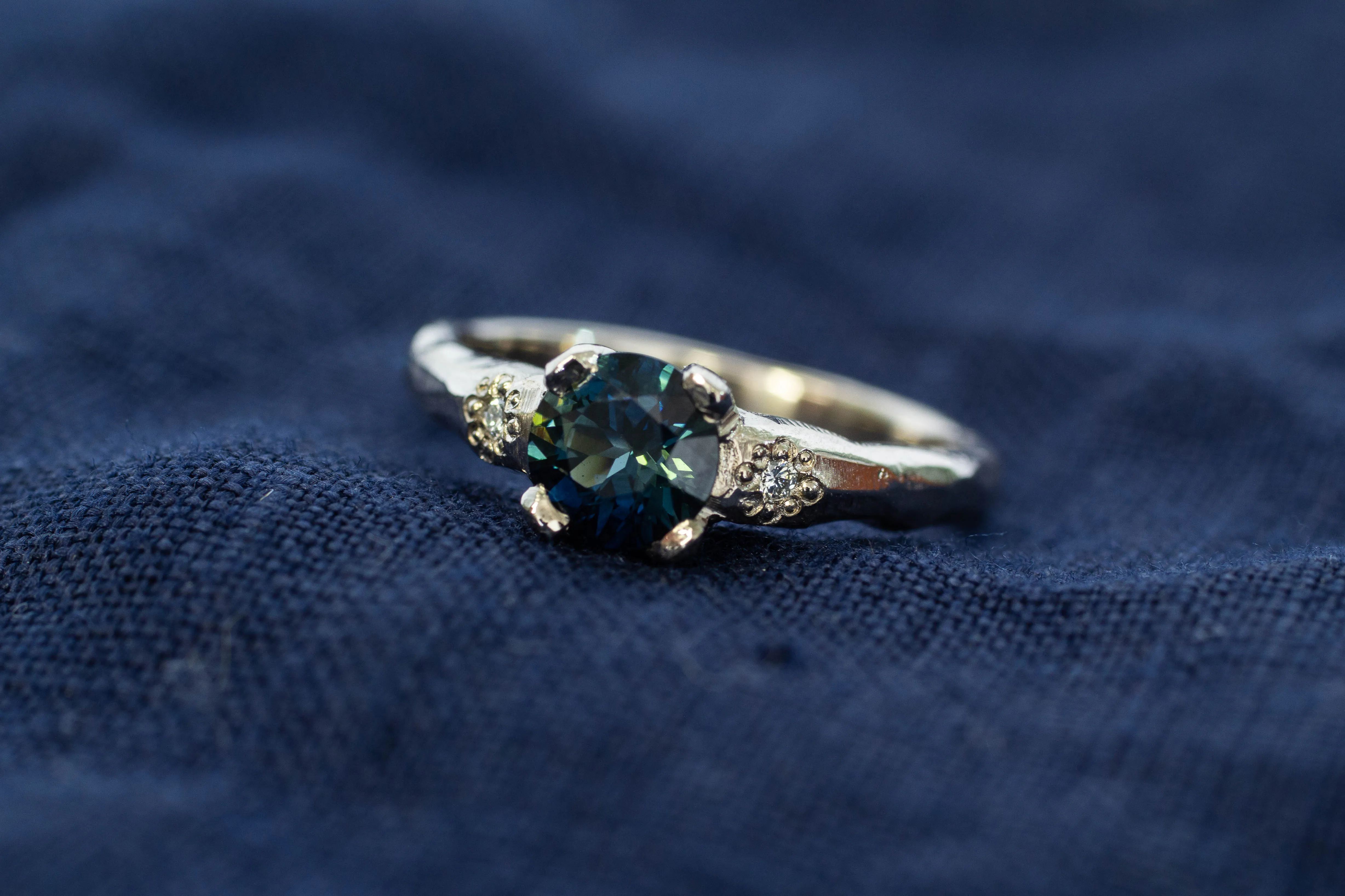 Mira Ring - 18ct White Gold with 1ct Blue-Green Sapphire and Diamonds sold by Sophie Divett Jewelry product image thumbnail 2