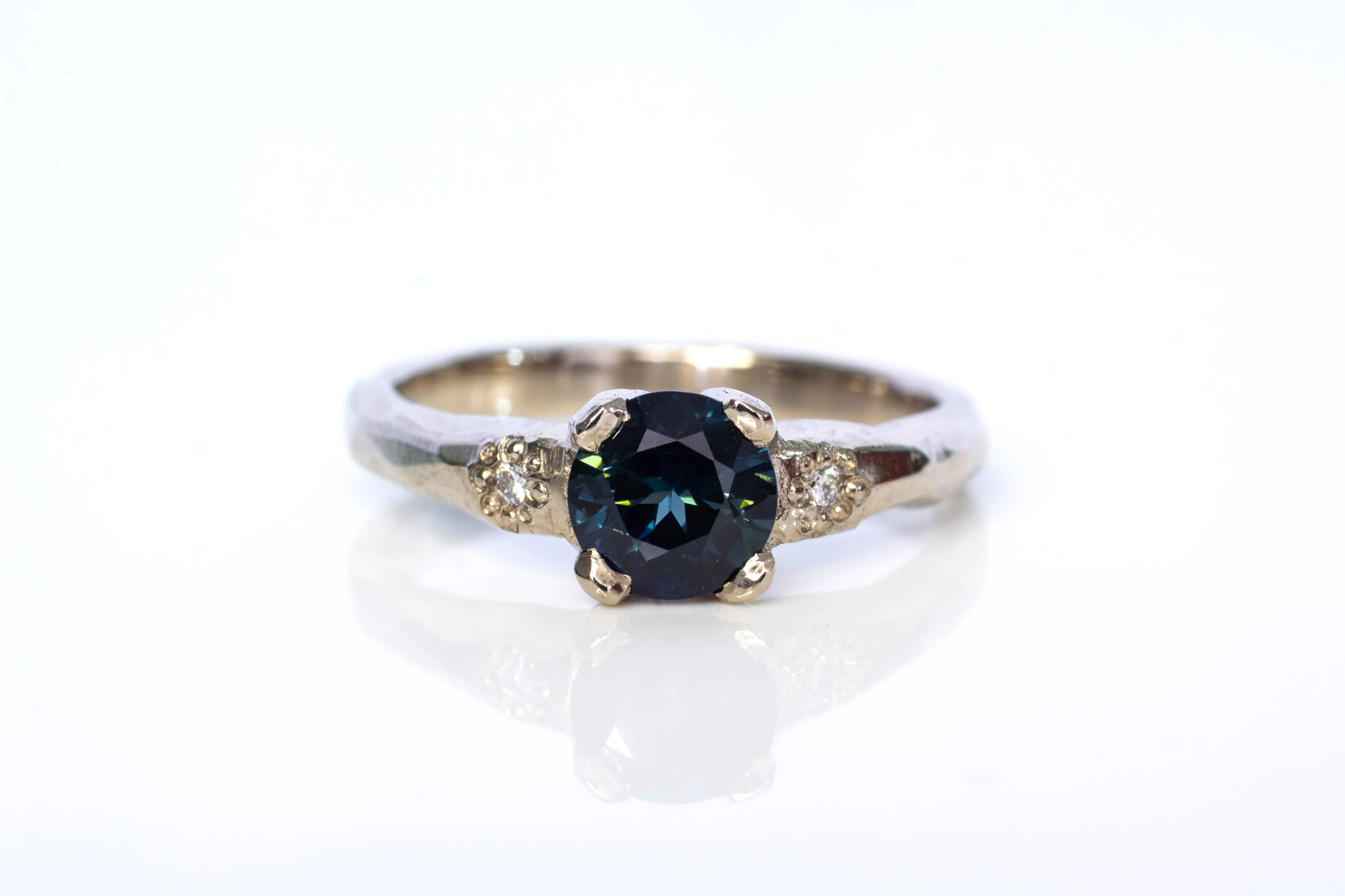 Mira Ring - 18ct White Gold with 1ct Blue-Green Sapphire and Diamonds sold by Sophie Divett Jewelry