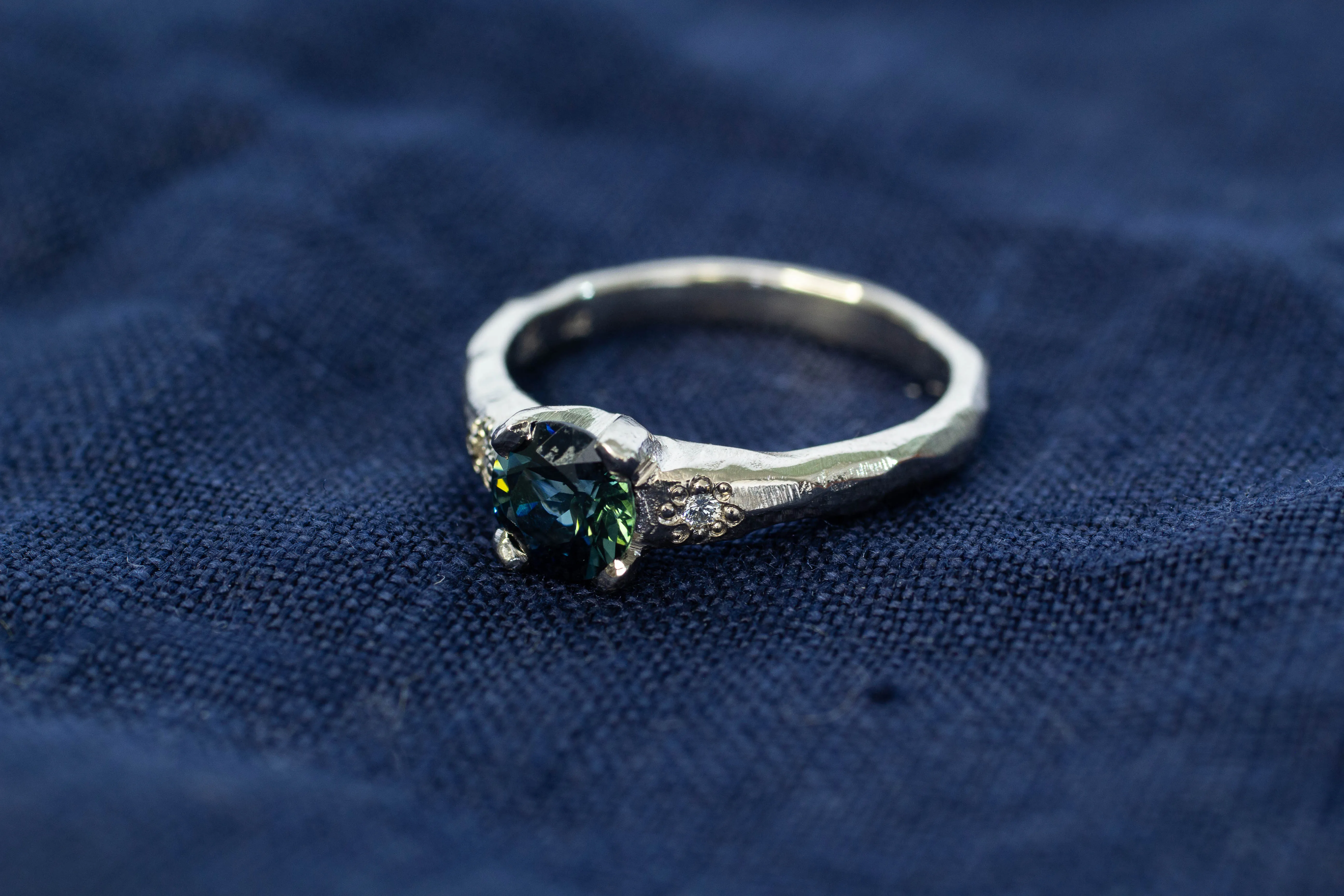 Mira Ring - 18ct White Gold with 1ct Blue-Green Sapphire and Diamonds sold by Sophie Divett Jewelry product image thumbnail 3
