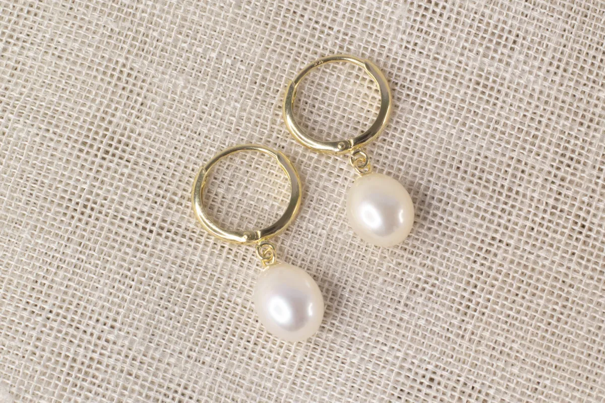 Oval Pearl Drop Huggie Earrings - White - 9ct Yellow Gold sold by Sophie Divett Jewelry