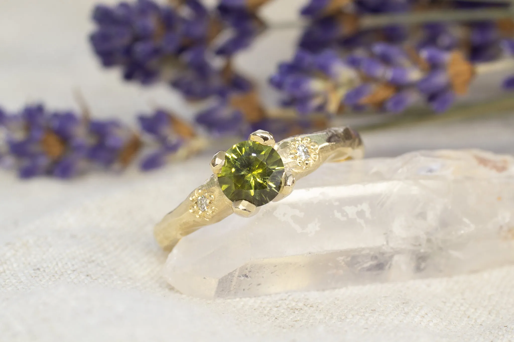 Mira Ring - 9ct Yellow Gold with 5.5mm Green Sapphire and Diamonds sold by Sophie Divett Jewelry product image thumbnail 2