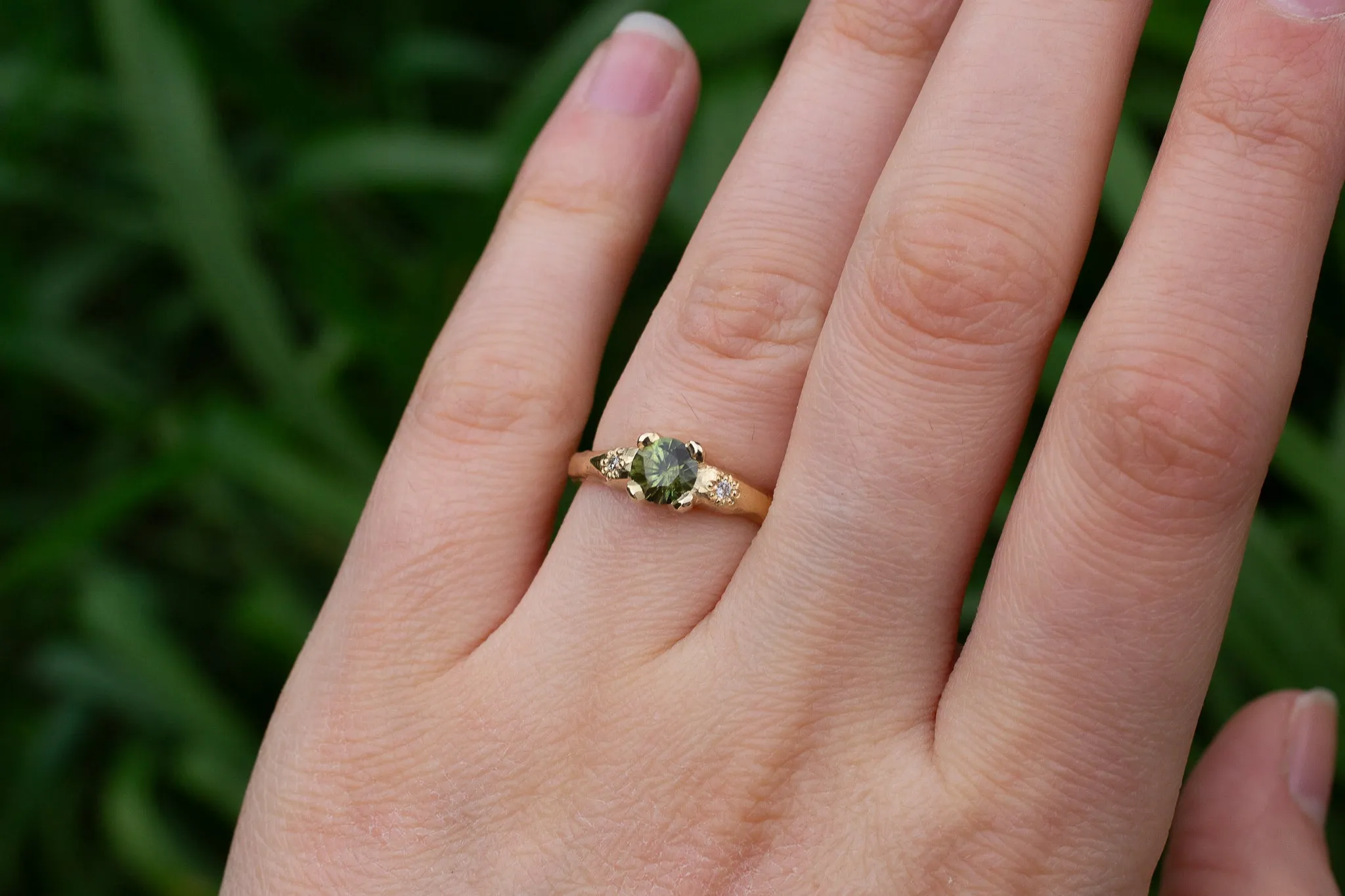 Mira Ring - 9ct Yellow Gold with 5.5mm Green Sapphire and Diamonds sold by Sophie Divett Jewelry product image thumbnail 4