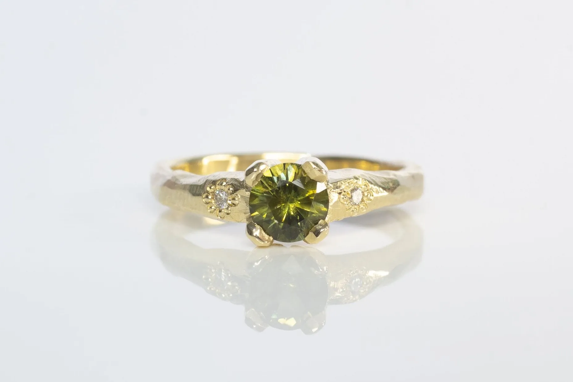 Mira Ring - 9ct Yellow Gold with 5.5mm Green Sapphire and Diamonds sold by Sophie Divett Jewelry
