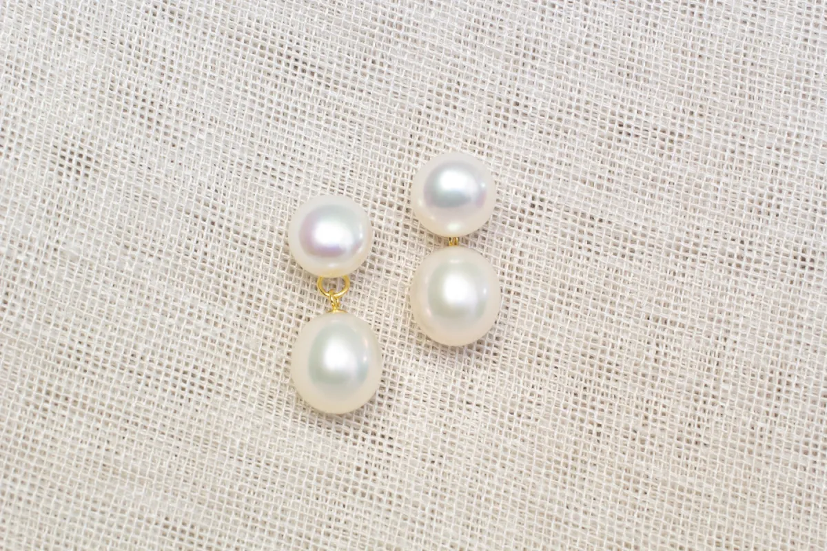 Button Pearl Drop Stud Earrings - White - 9ct Yellow Gold sold by Sophie Divett Jewelry