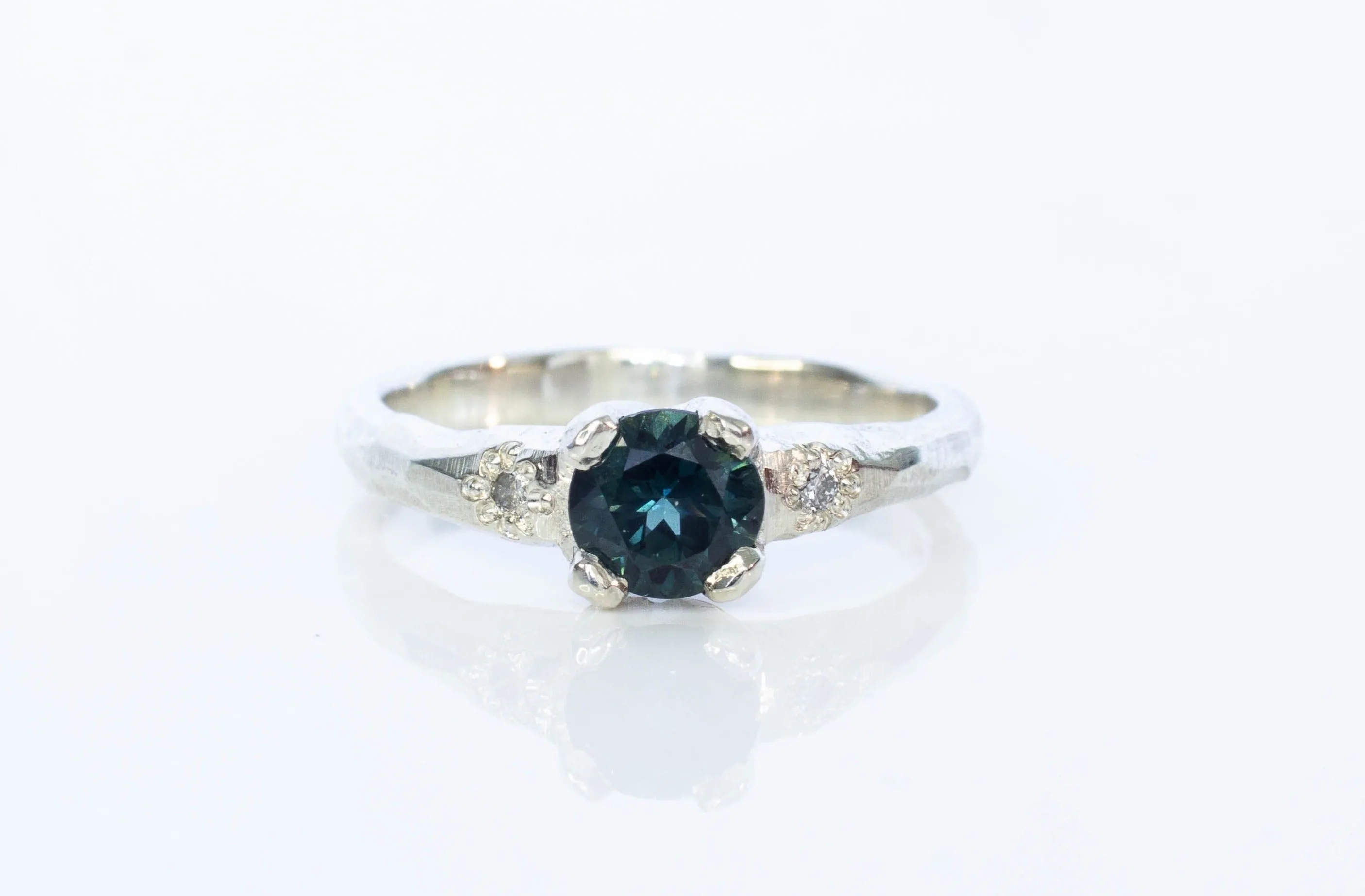 Mira Ring - 9ct White Gold with Blue-Green Sapphire sold by Sophie Divett Jewelry