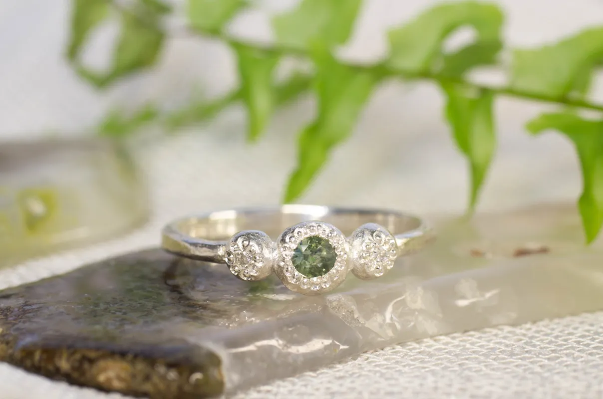 Aura Ring - Sterling Silver with Green Sapphire and Diamonds sold by Sophie Divett Jewelry