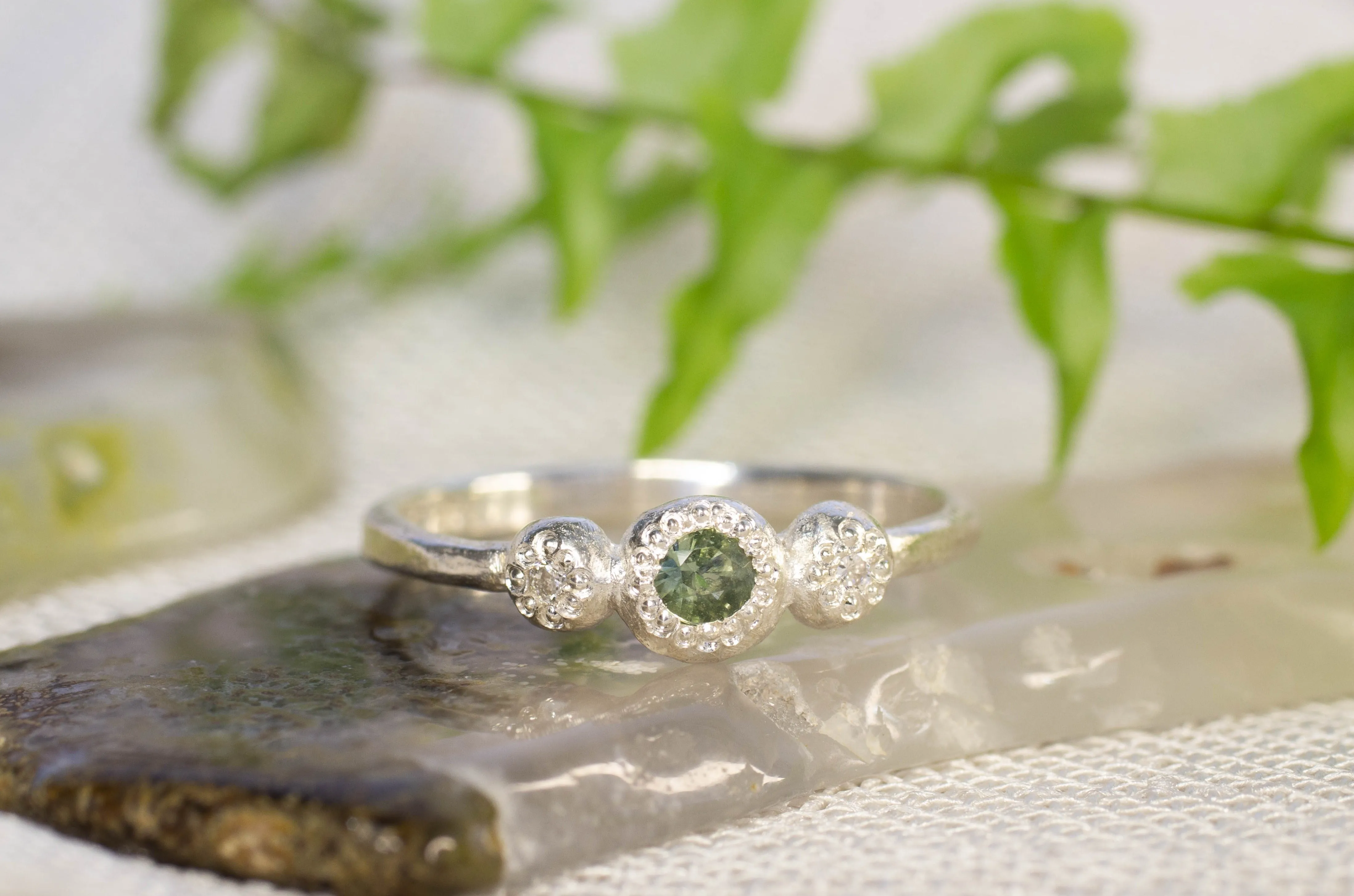 Aura Ring - Sterling Silver with Green Sapphire and Diamonds sold by Sophie Divett Jewelry