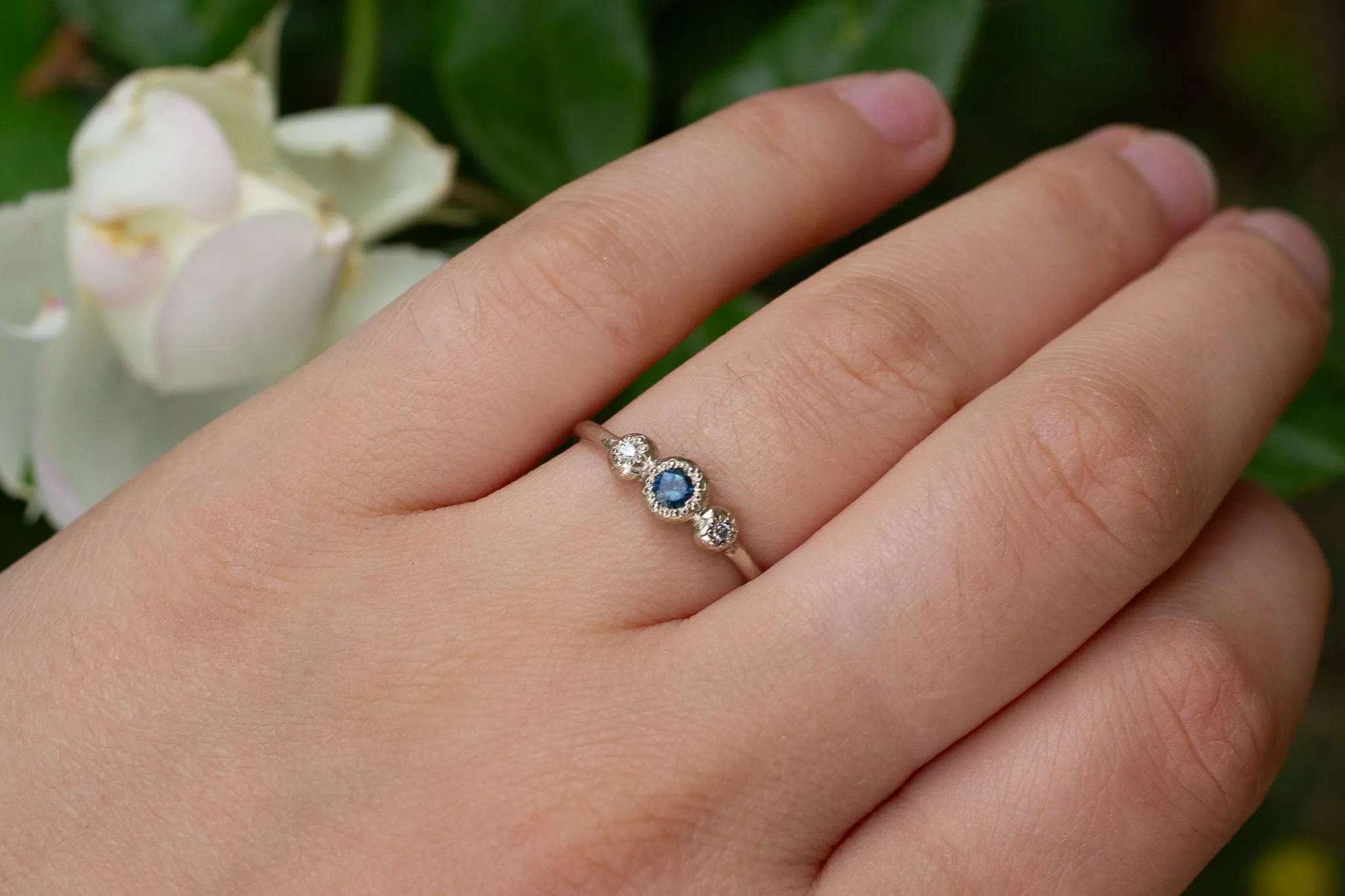 Aura Ring - 14ct White Gold with Teal Sapphire and Diamonds sold by Sophie Divett Jewelry product image thumbnail 4