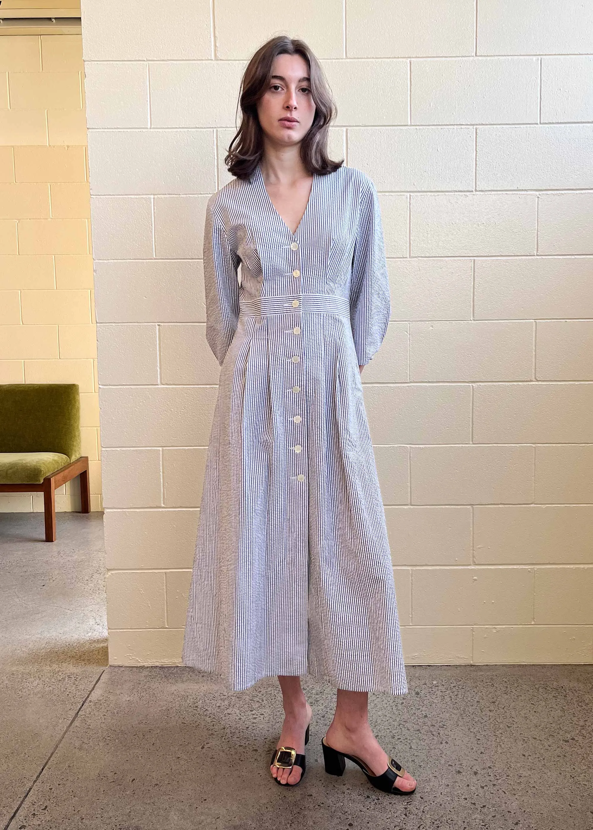 Collette Dress Seersucker Stripe (Sample) sold by Penny Sage